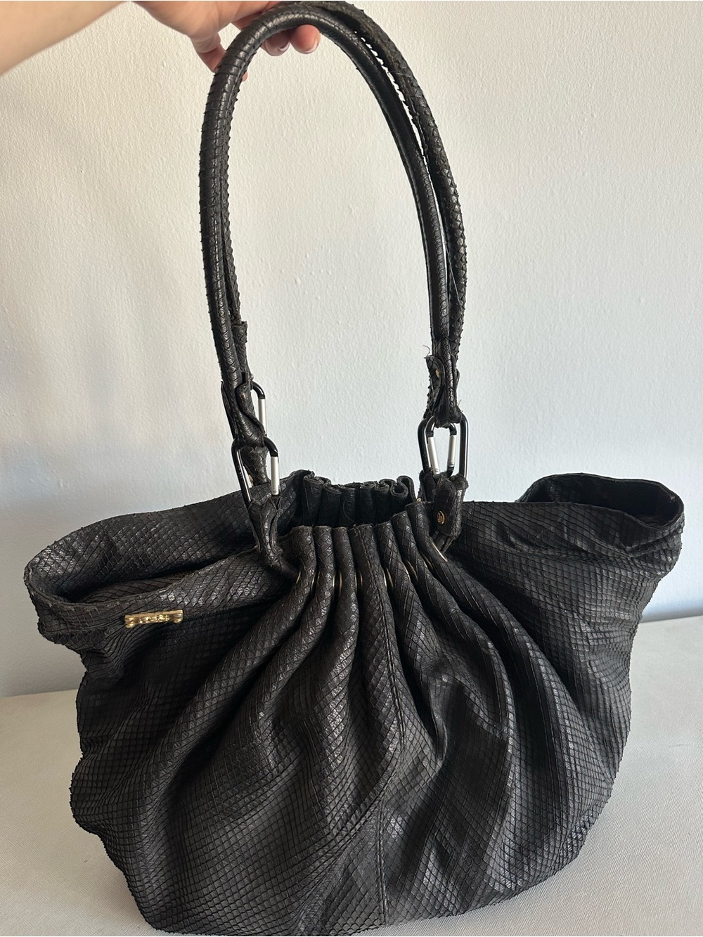 Jenrigo Italian Black Python Embossed Italian Leather Large Satchel Bag Purse